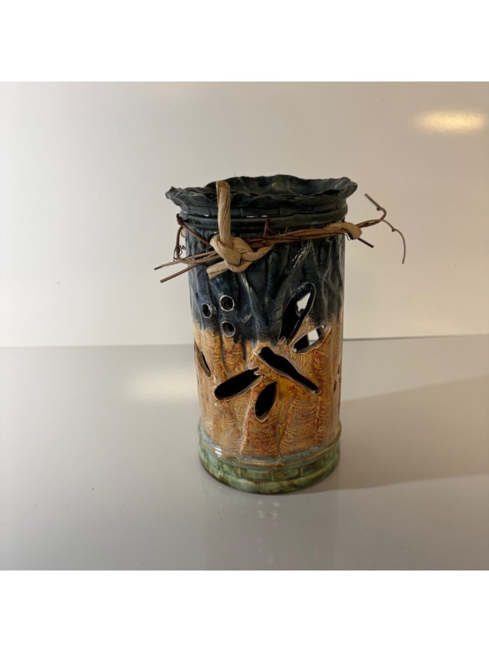 Handcrafted Ceramic Dragonfly Candle Holder Blue Brown Green 8" Luminary